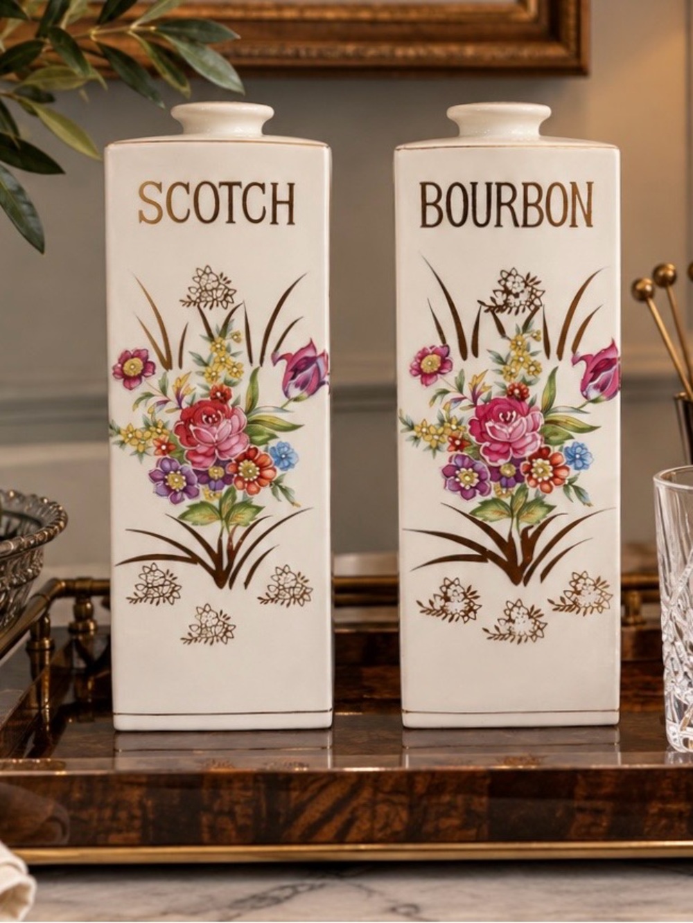Vintage Floral Scotch & Bourbon Open Ceramic Decanters | Set of 2